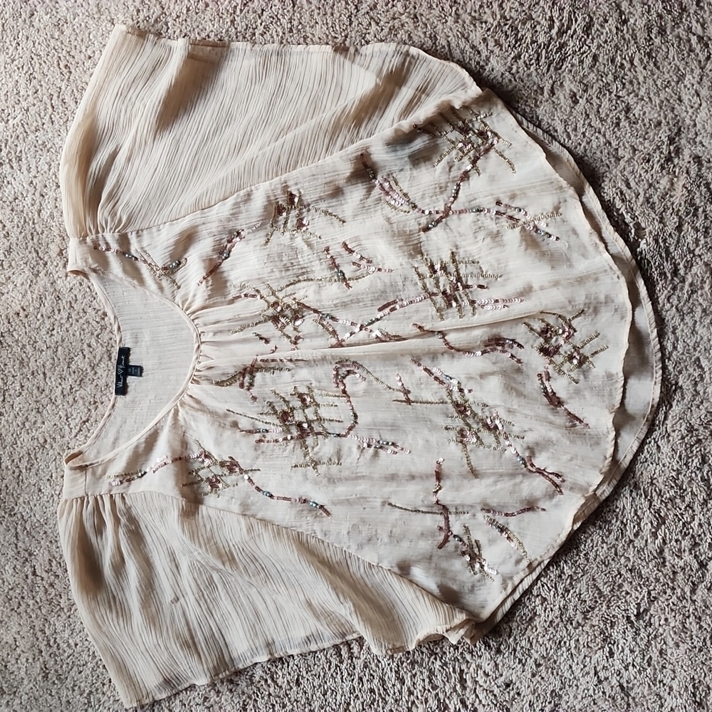 Velvet heart batwing sheer embellished bling beaded top M